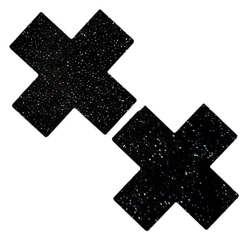 Velvet Black Silver Glitter Cross X Pasties - Small -Medium